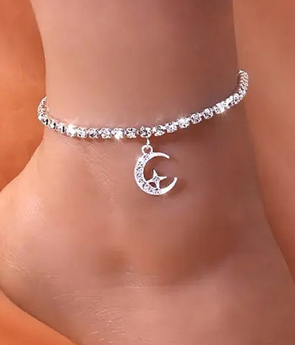 Rhinestone Moon Charm Anklet
