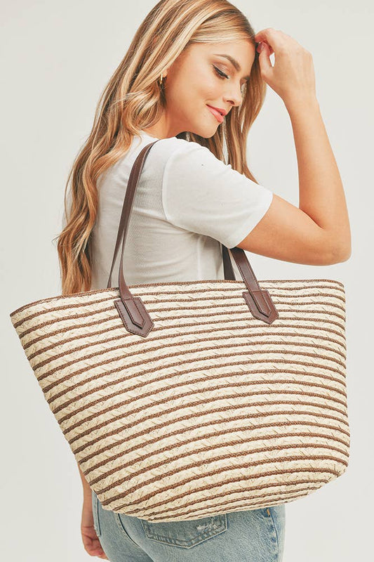 Striped Straw Tote Bag
 - Taupe