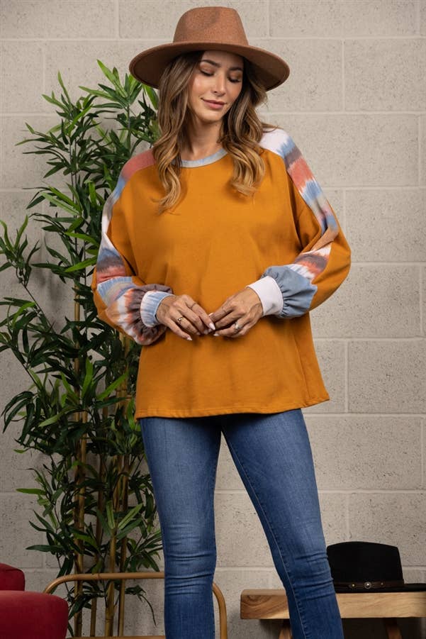 Burnt Orange Tie Dye Pattern Knit Rib Top