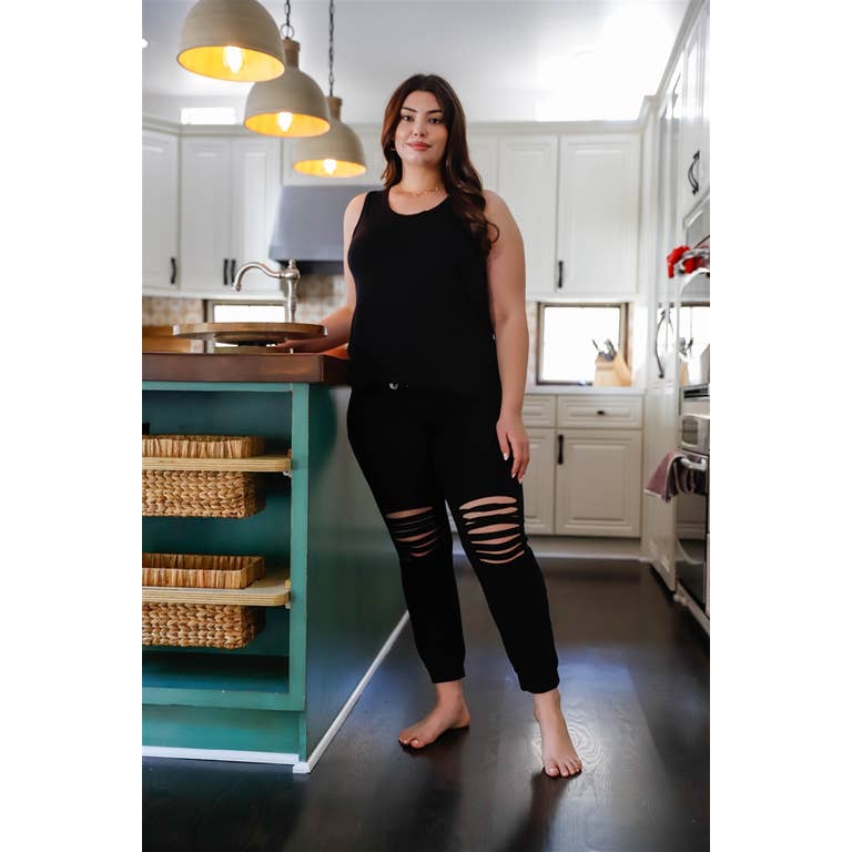 Junior Plus Black Tank Top & Ripped Detail Sweatpants Set