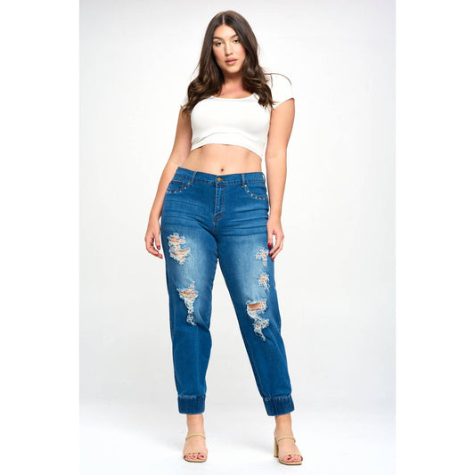 Plus Size Studded and Distressed Mid Rise Jeans