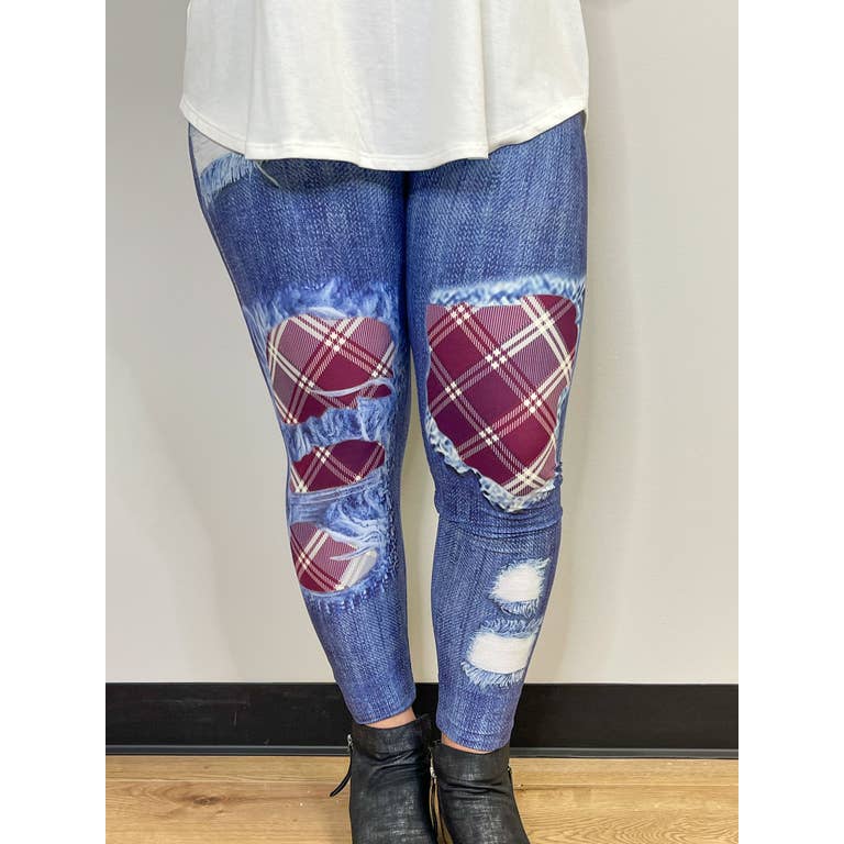 Burgundy Plaid Patched Leggings