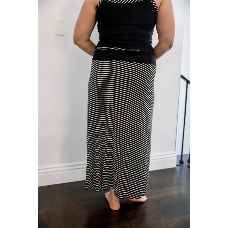 Junior Plus Black Striped V-Neck Top & Maxi Skirt Set