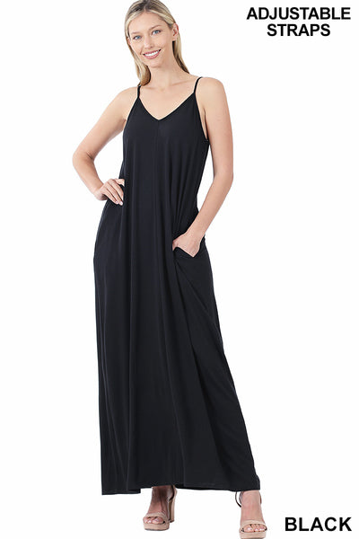 V-NECK CAMI MAXI DRESS WITH SIDE POCKETS