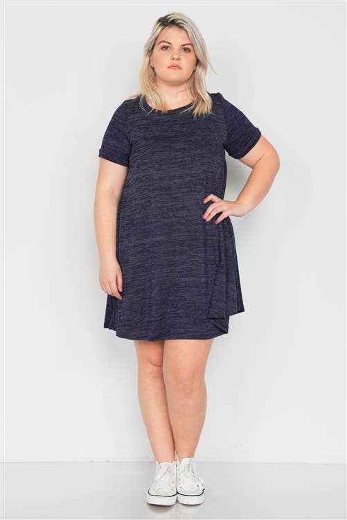 Plus Size Size Navy Casual Cuffed Short Sleeve Mini Dress