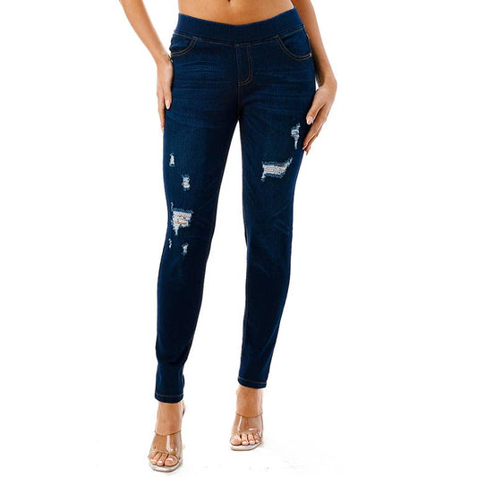 Distress pull on denim jegging