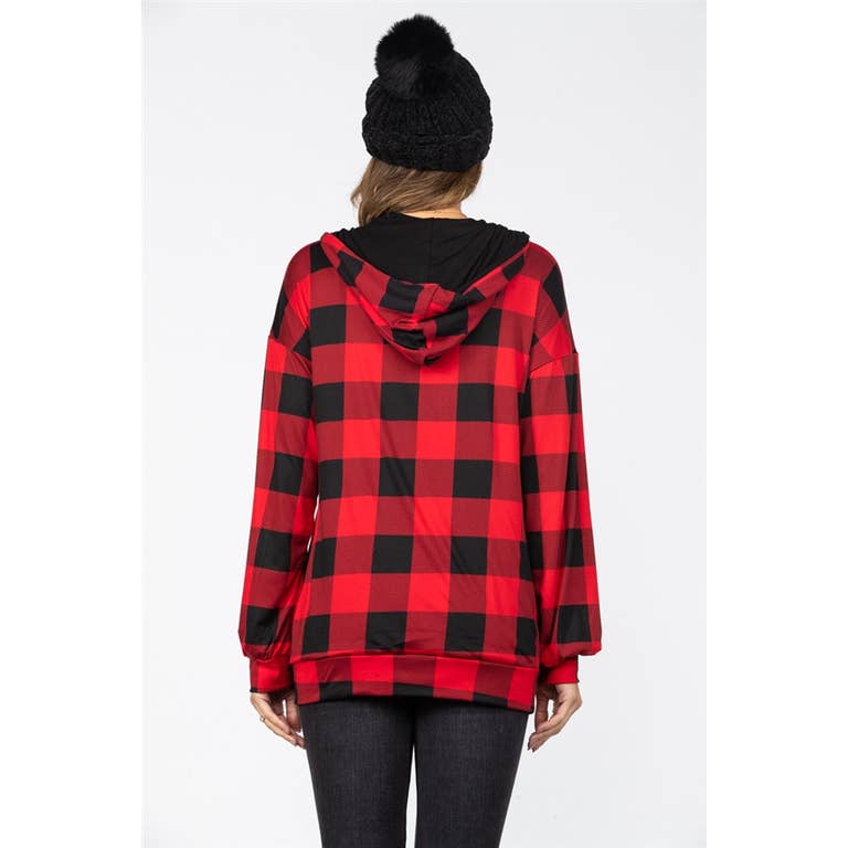 BLACK AND RED KNIT ZIP UP HOODIE
