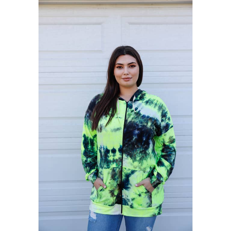 Neon Yellow Black Tie-Dye Zip-Up Hooded Sweatshirt