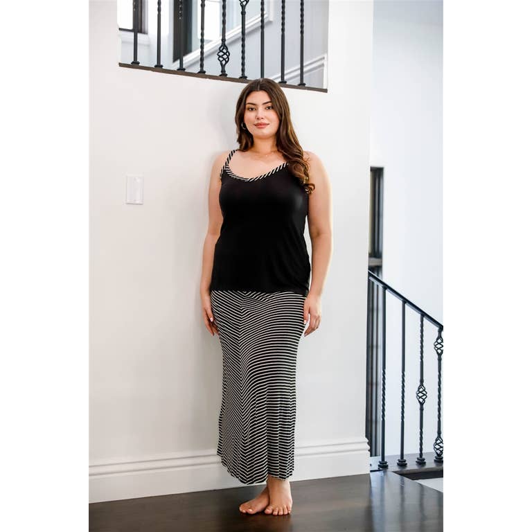 Junior Plus Black Striped V-Neck Top & Maxi Skirt Set