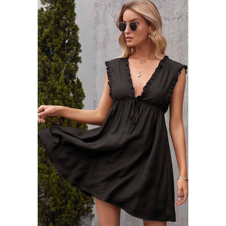 Ruffled Trim V Neckline Mini Dress