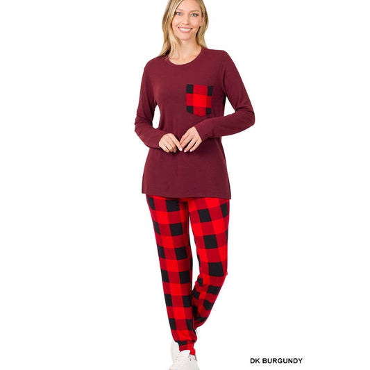 DK BURGUNDY BUFFALO PLAID PRINT LOUNGEWEAR 2PC SET