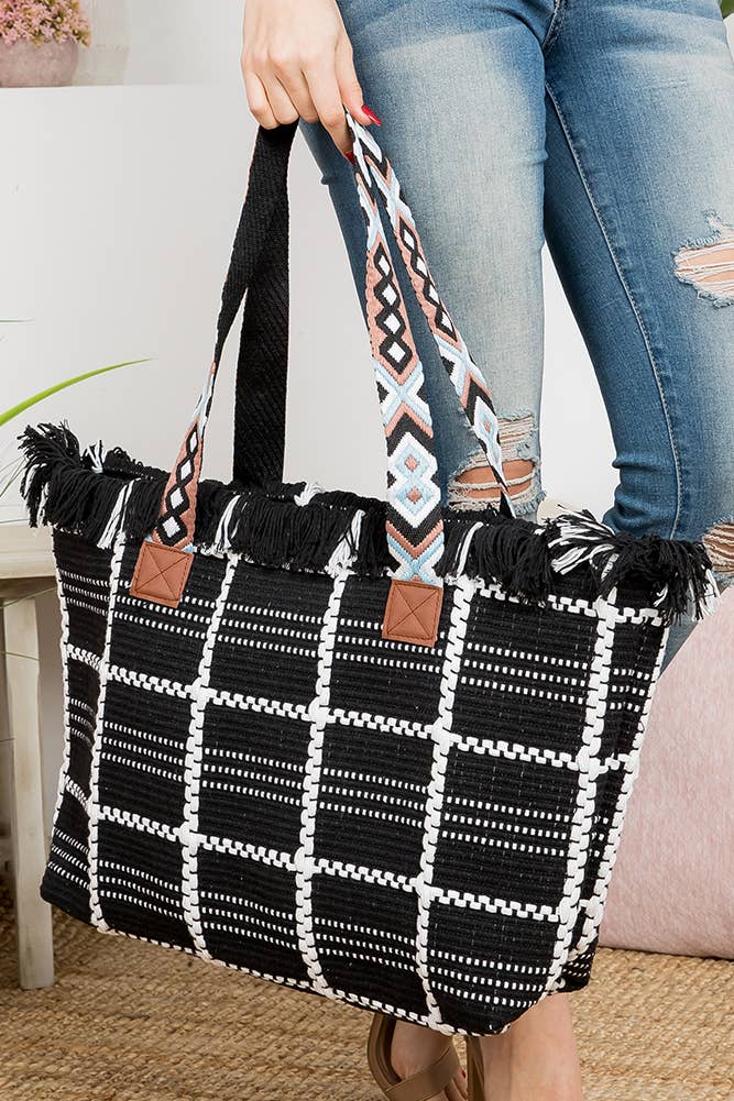 Aztec Pattern Strap Checked Pattern Bag
- Black