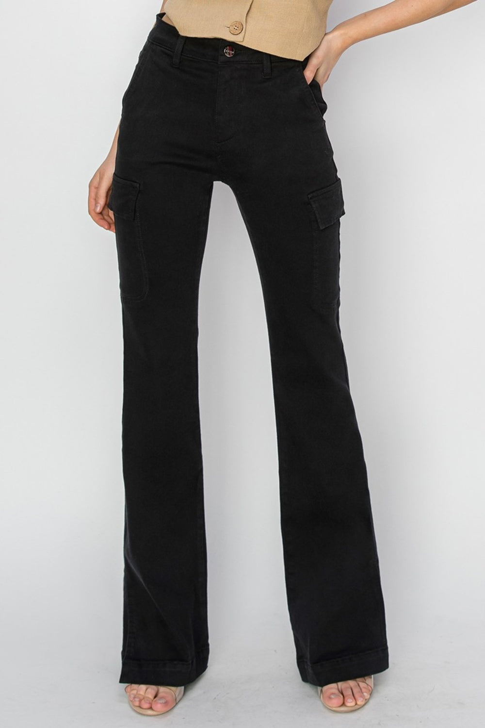 Risen Full Size High Rise Side Slit Cargo Bootcut Jeans