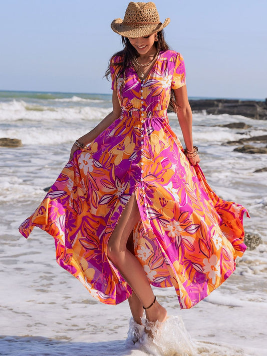 Printed V-Neck Short Sleeve Midi Dress