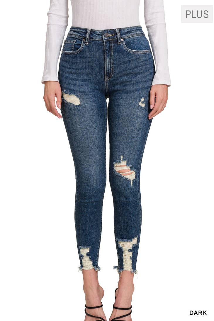 PLUS DISTRESSED HEM ANKLE SKINNY DENIM PANTS