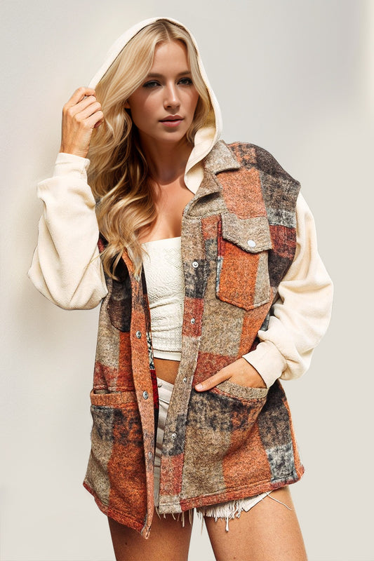 Double Take Contrast Long Sleeve Hooded Plaid Jacket