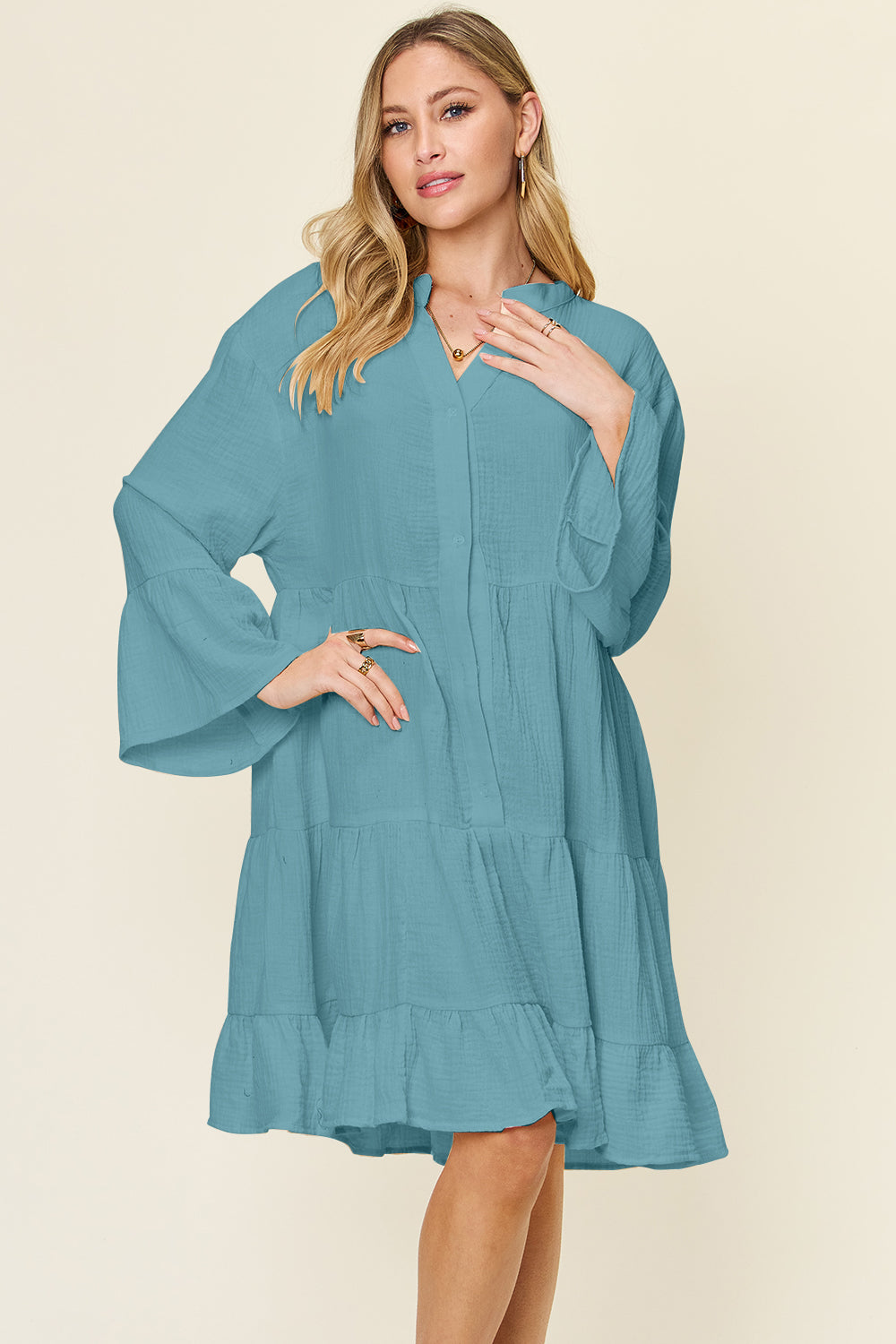 Double Take Full Size Texture Button Up Ruffle Hem Dress