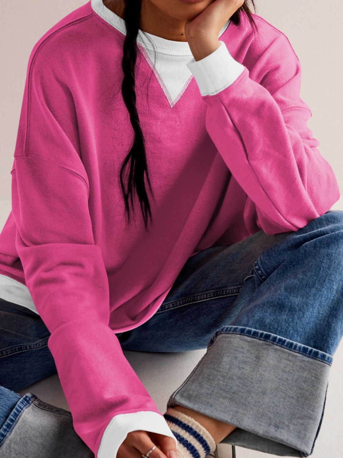 Contrast Dropped Shoulder Long Sleeve Sweatshirt