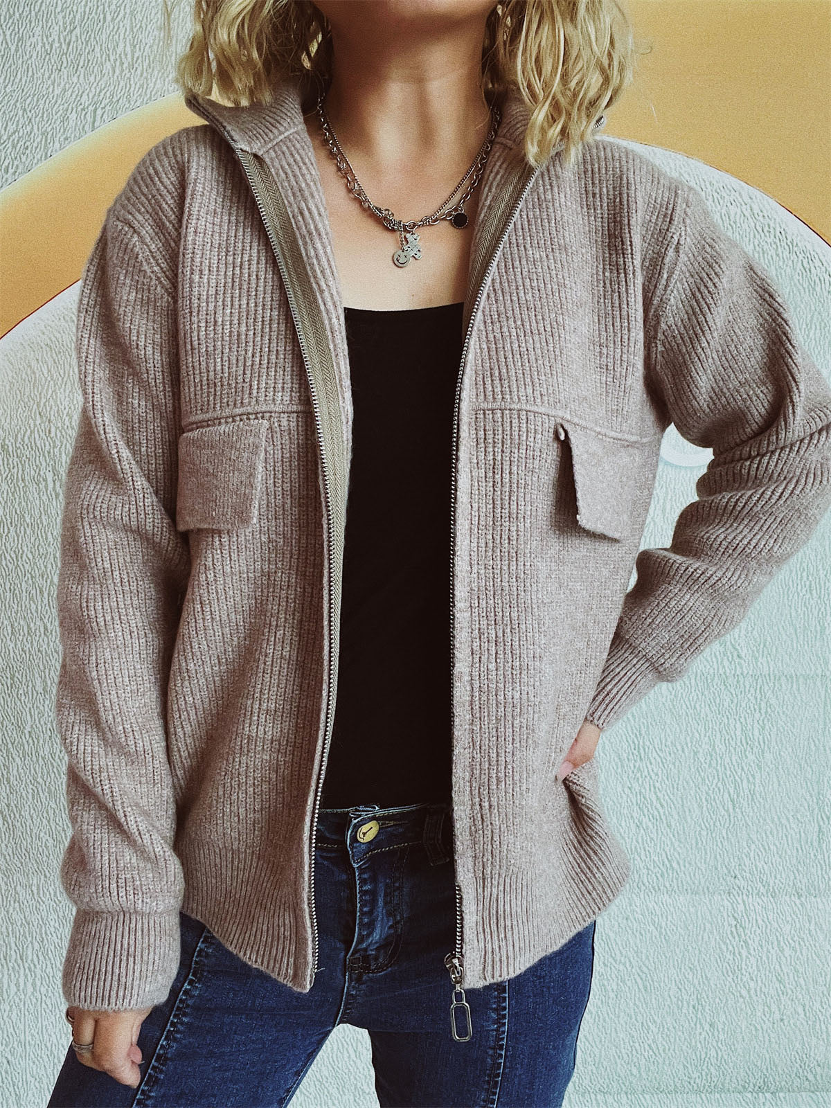 Zip Up Collared Neck Long Sleeve Cardigan