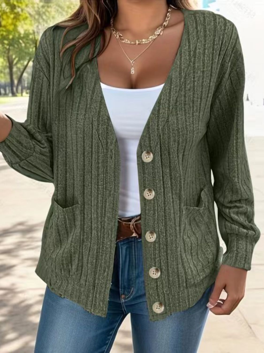 Full Size Button Up V-Neck Long Sleeve Cardigan