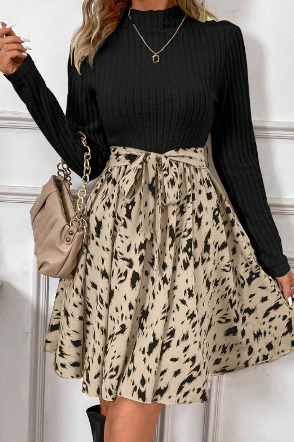 Printed Tie Waist Mock Neck Long Sleeve Dress