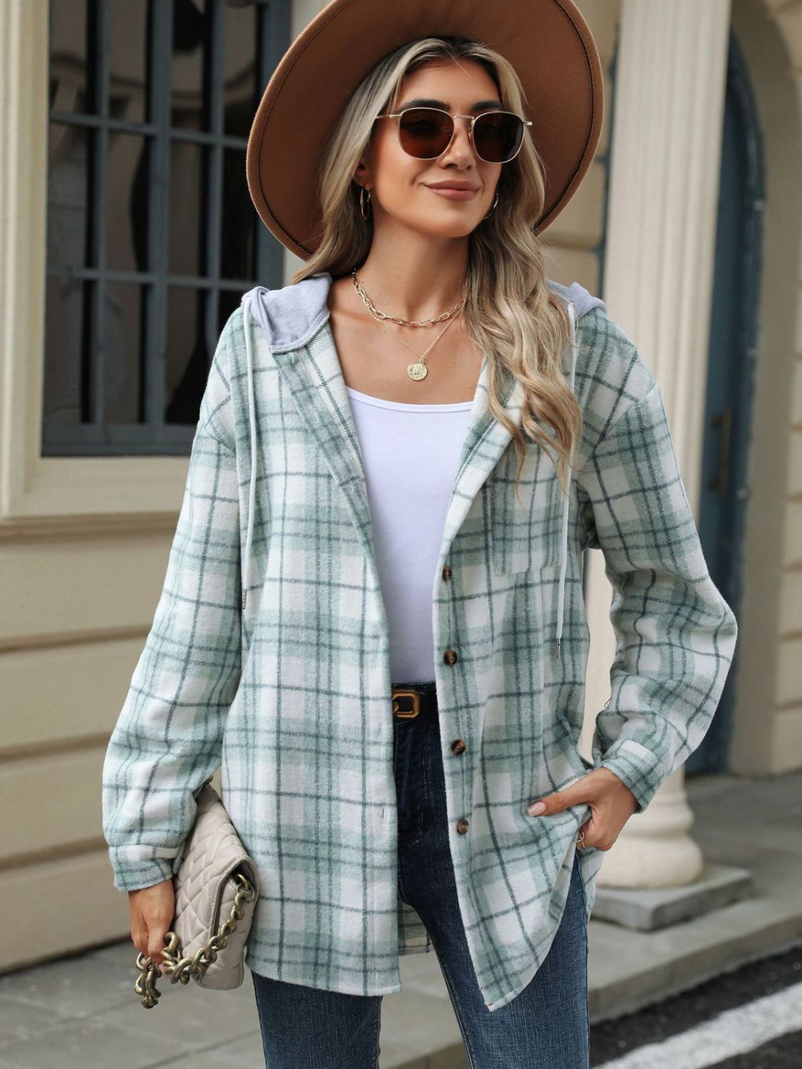 Drawstring Plaid Button Up Hooded Jacket