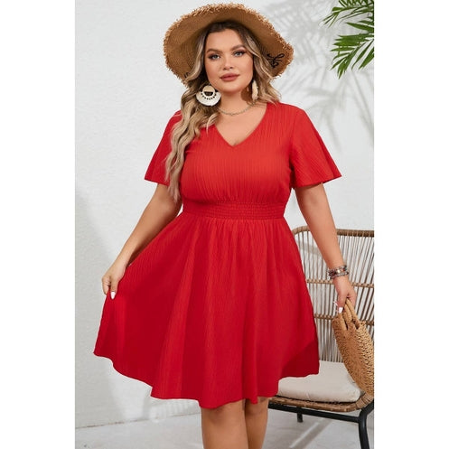 Plus V Neck Elastic Waist Fit Ruffle Midi Dress