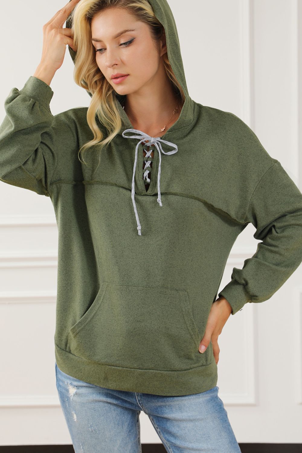 Lace Up Drop Shoulder Long Sleeve Hoodie