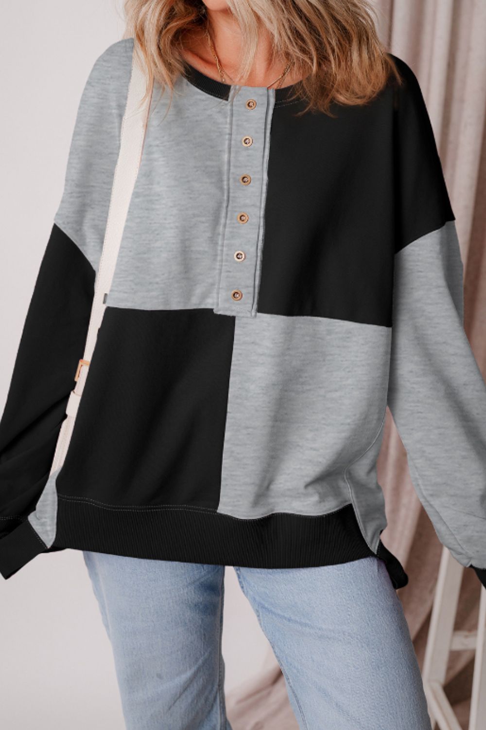 Color Block Half Button Long Sleeve Sweatshirt