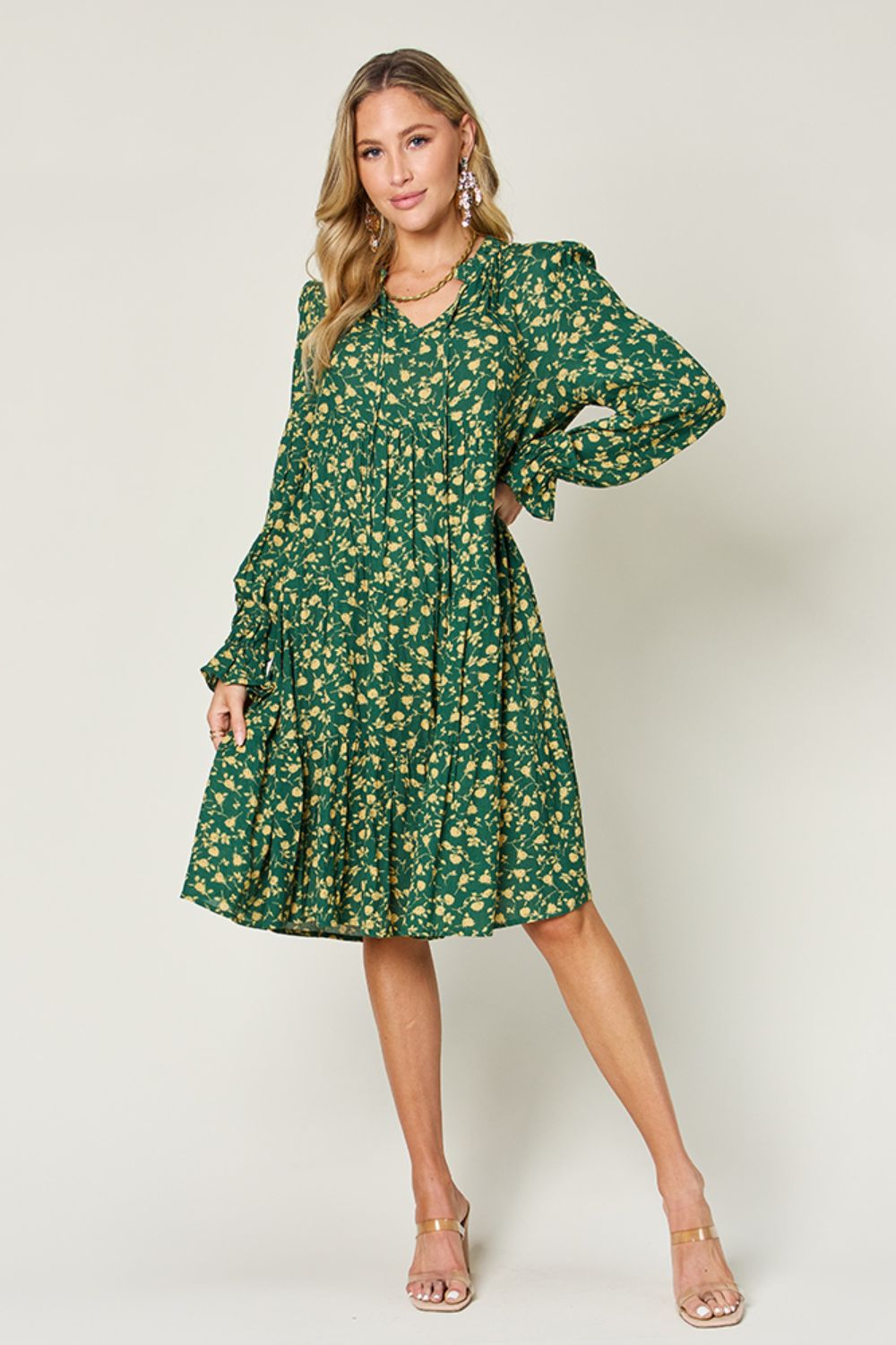 Double Take Full Size Printed Ruffle Hem Long Sleeve Tiered Dress