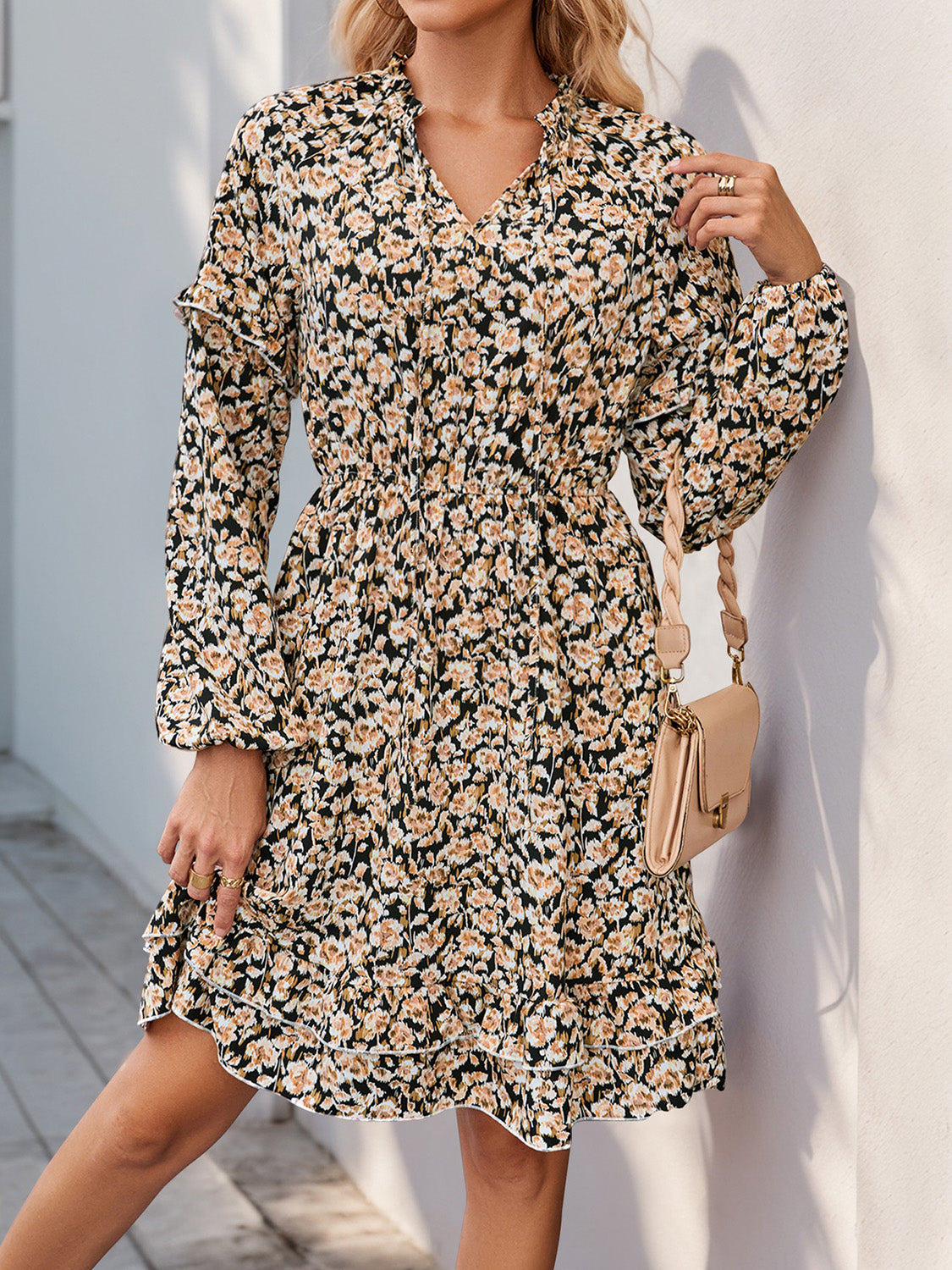 Perfee Printed Tie Neck Long Sleeve Mini Dress