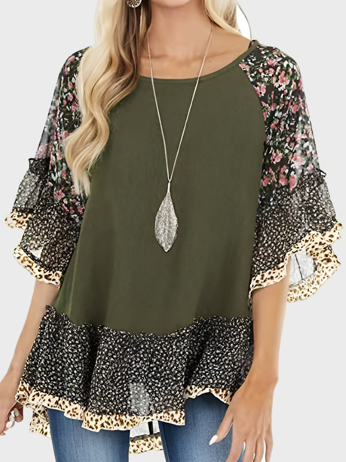 Full Size Frill Printed Round Neck Half Sleeve Blouse