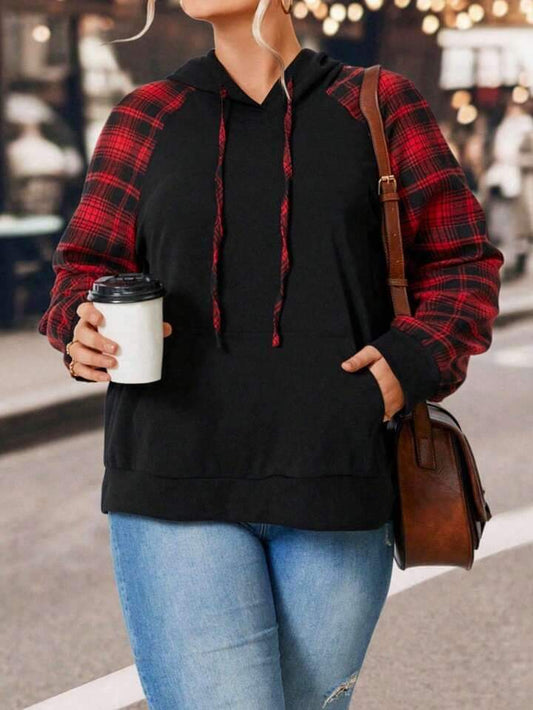 Plus Size Red Plaid Sleeve Hooded Pullover