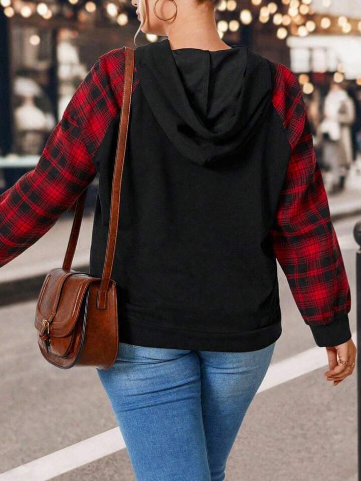 Plus Size Red Plaid Sleeve Hooded Pullover