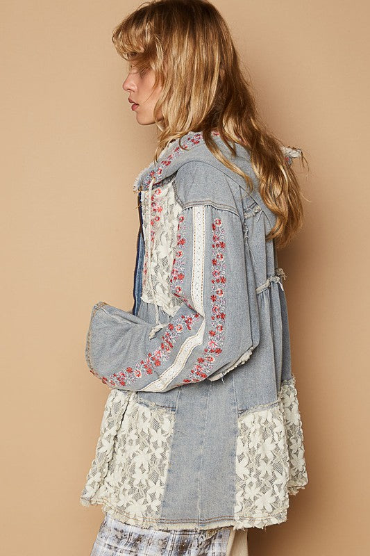 POL Embroidered Lace Patch Zip Up Hooded Jacket