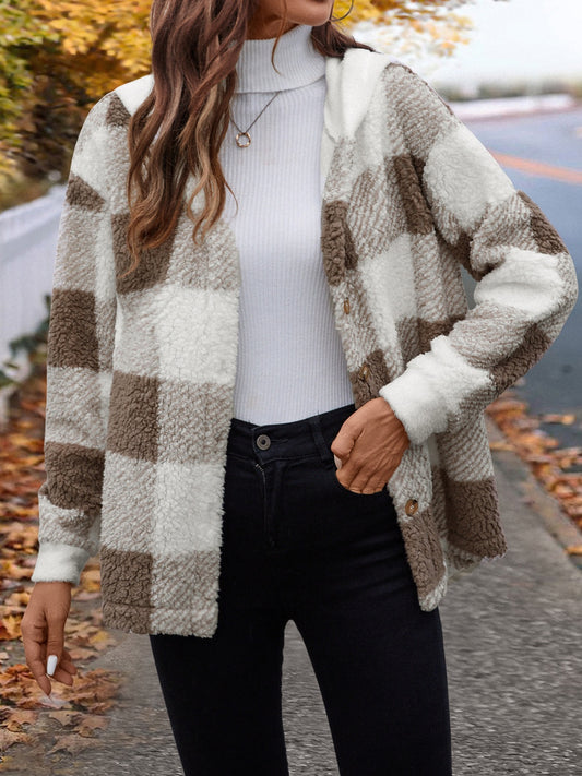 Fuzzy Plaid Button Up Hooded Jacket