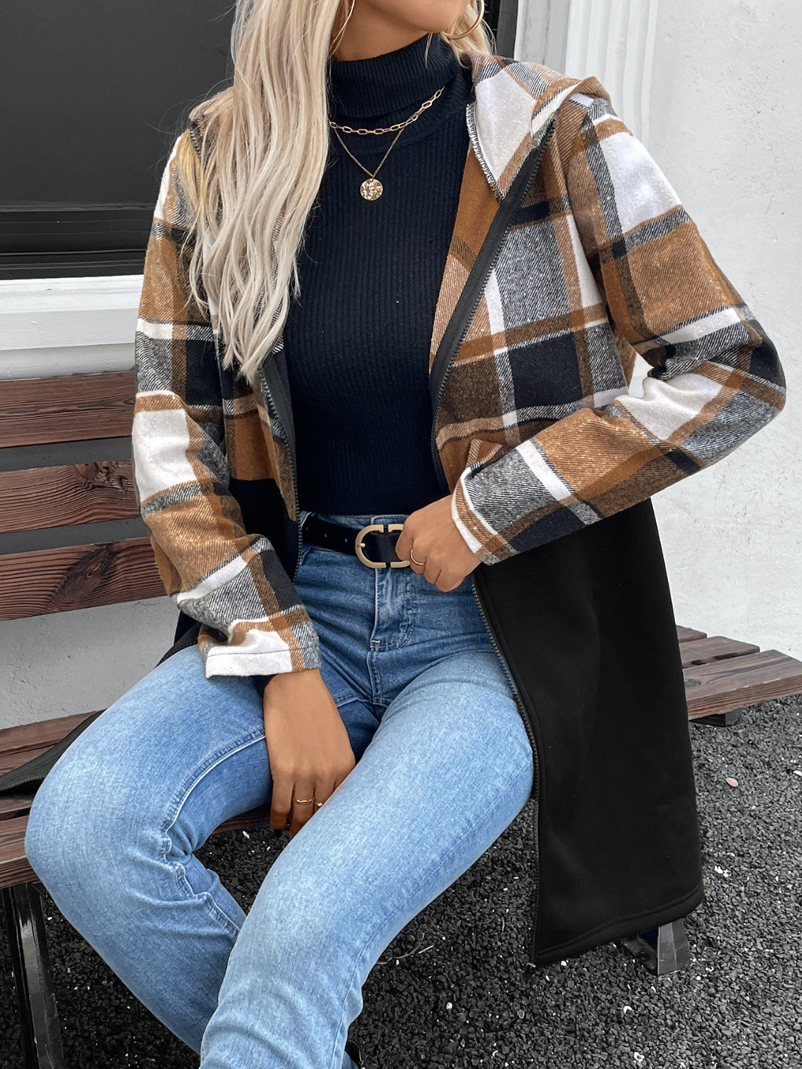 Plaid Zip Up Long Sleeve Hooded Outerwear