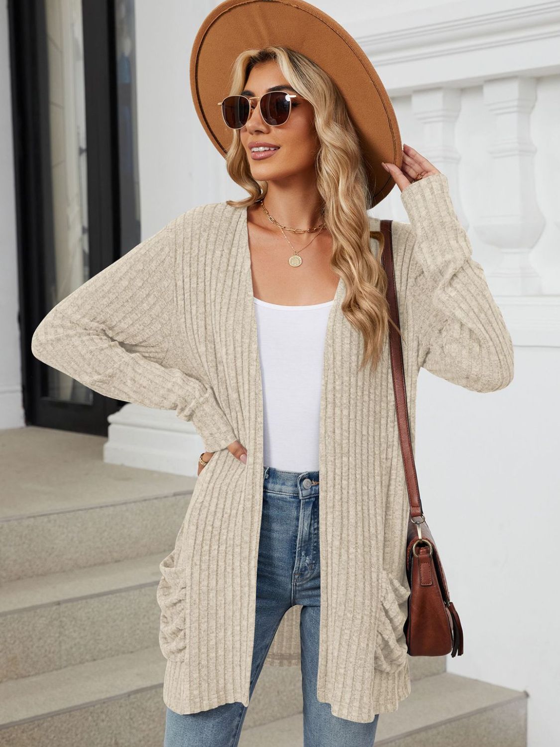 Pocketed Open Front Long Sleeve Cardigan