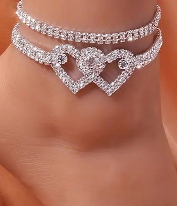 2 Piece Rhinestone Double Heart Anklet