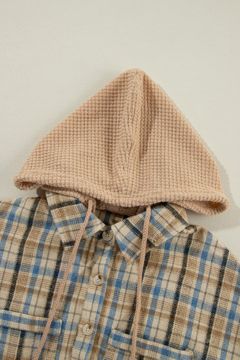 Drawstring Waffle Knit Patchwork Hooded Plaid Shacket