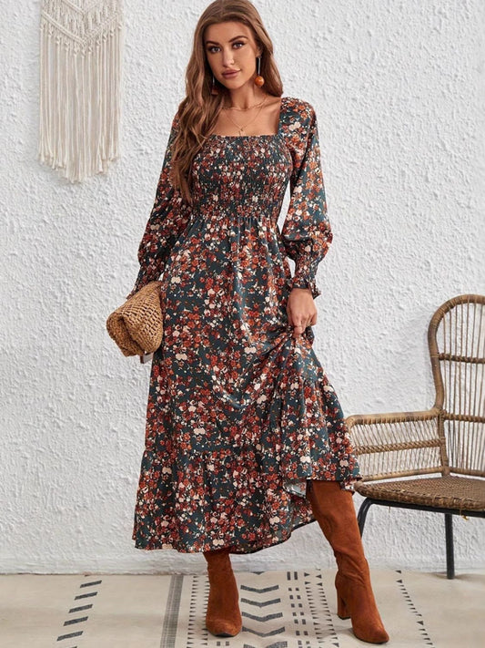 Smocked Floral Square Neck Long Sleeve Dress