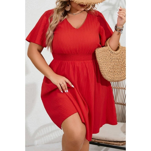 Plus V Neck Elastic Waist Fit Ruffle Midi Dress