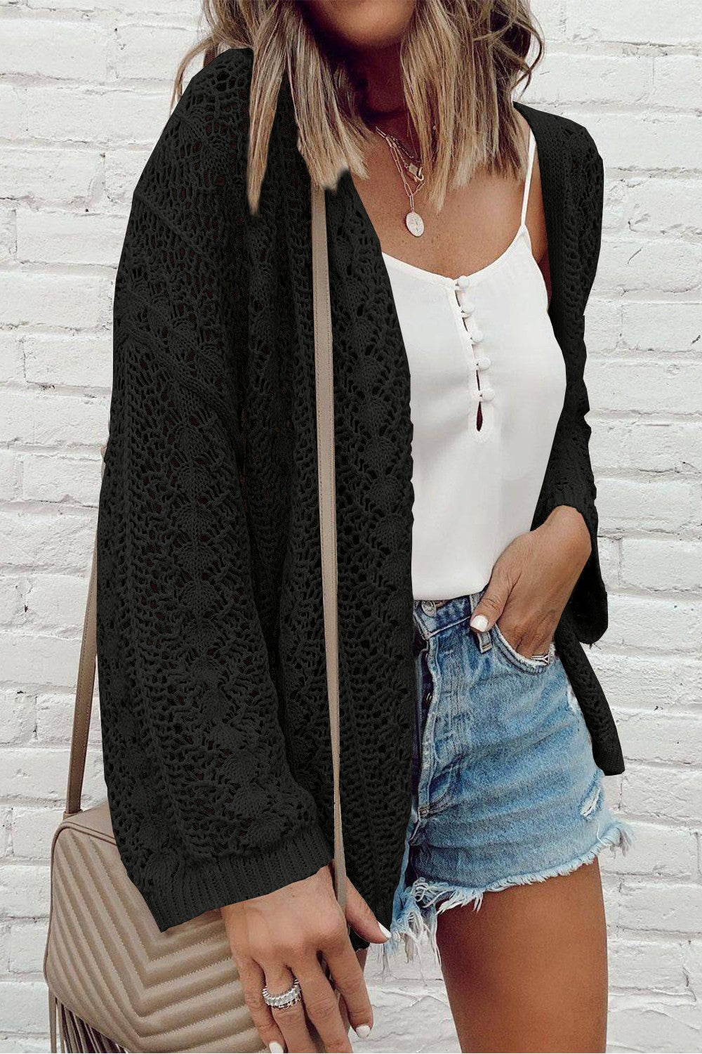 Openwork Open Front Dropped Shoulder Cardigan