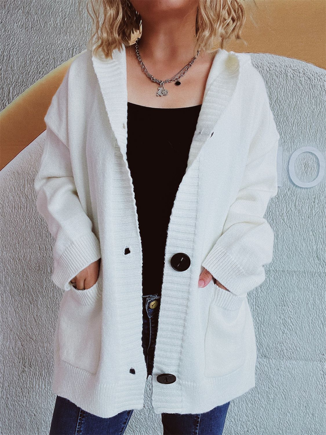 Dropped Shoulder Long Sleeve Hooded Cardigan