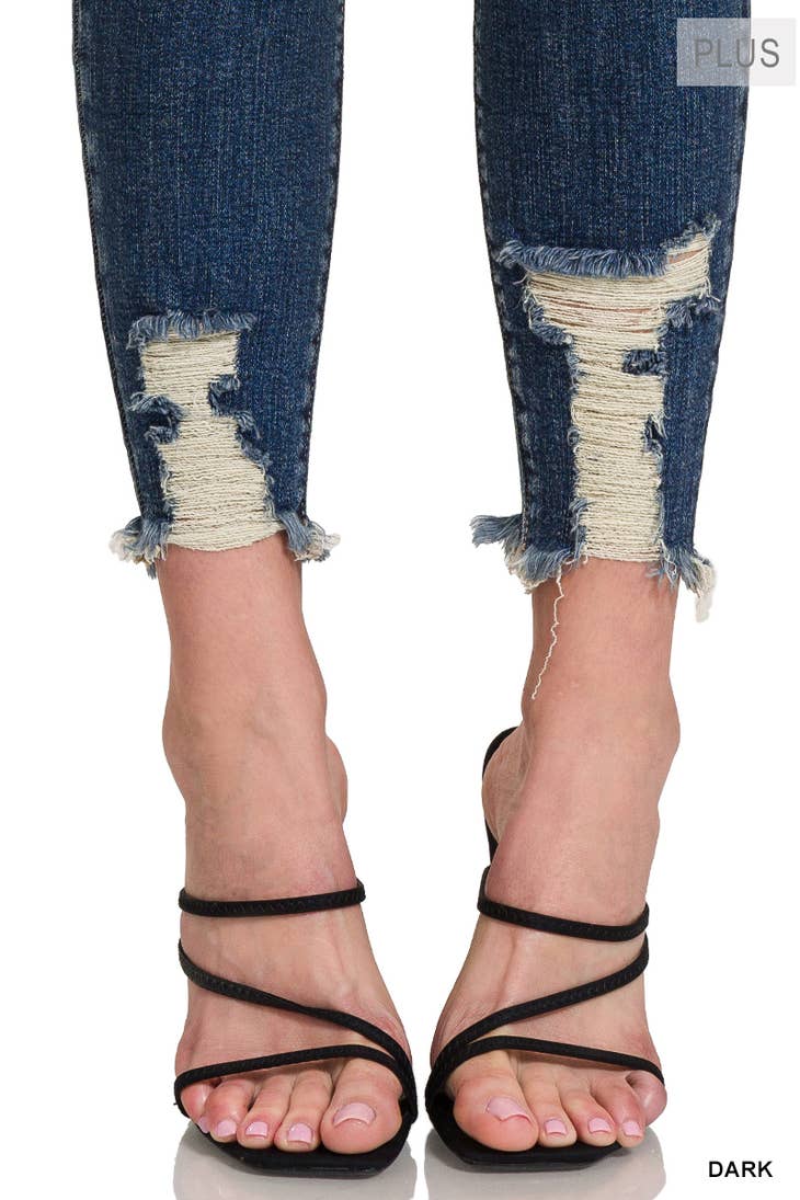 PLUS DISTRESSED HEM ANKLE SKINNY DENIM PANTS