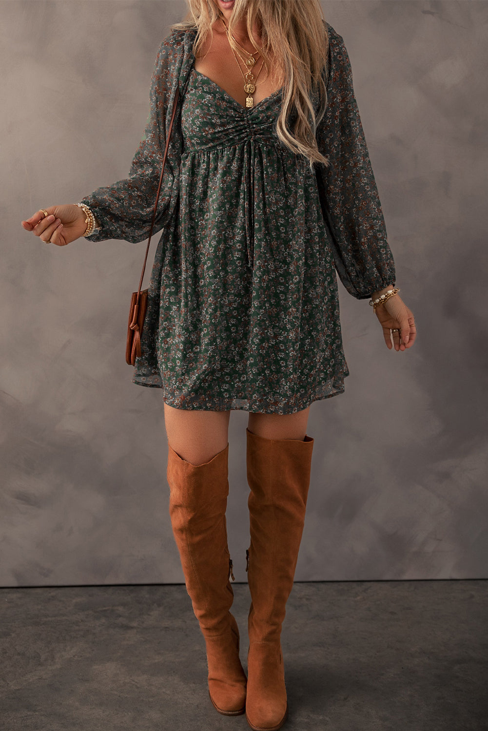 Ruched Printed Long Sleeve Mini Dress