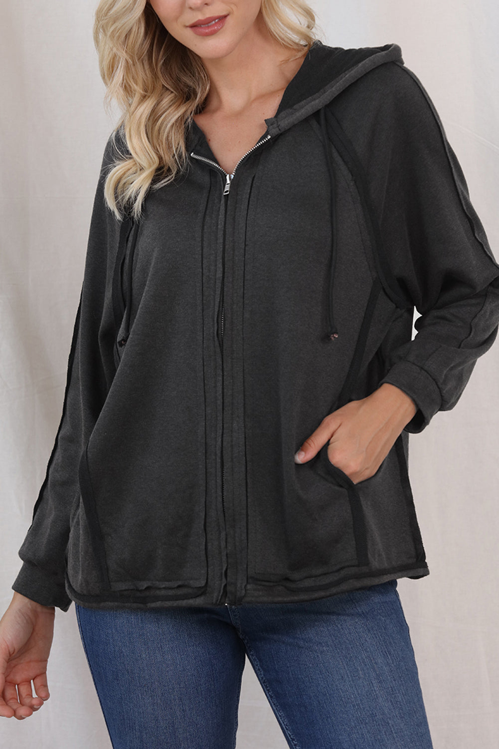 Exposed Seam Zip Up Long Sleeve Drawstring Hoodie