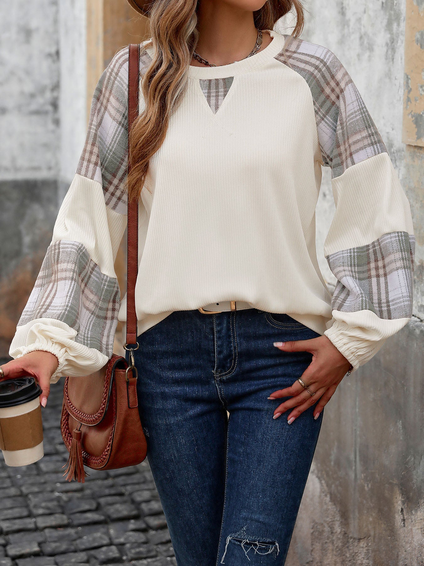 Plaid Round Neck Long Sleeve Sweatshirt