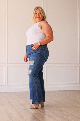 The Blake Mid Washed Mid Rise Distressed Crop Flare