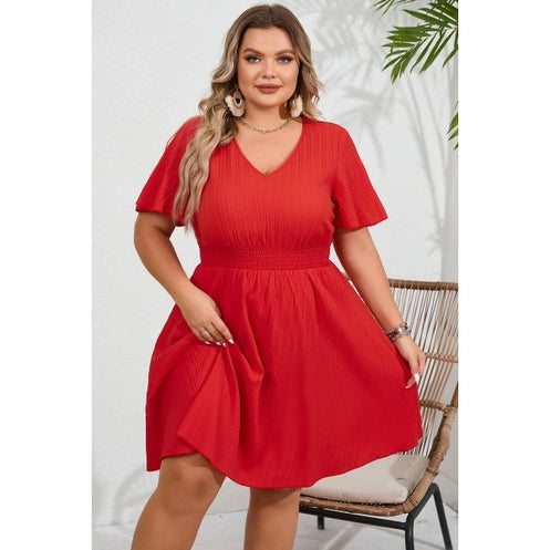 Plus V Neck Elastic Waist Fit Ruffle Midi Dress